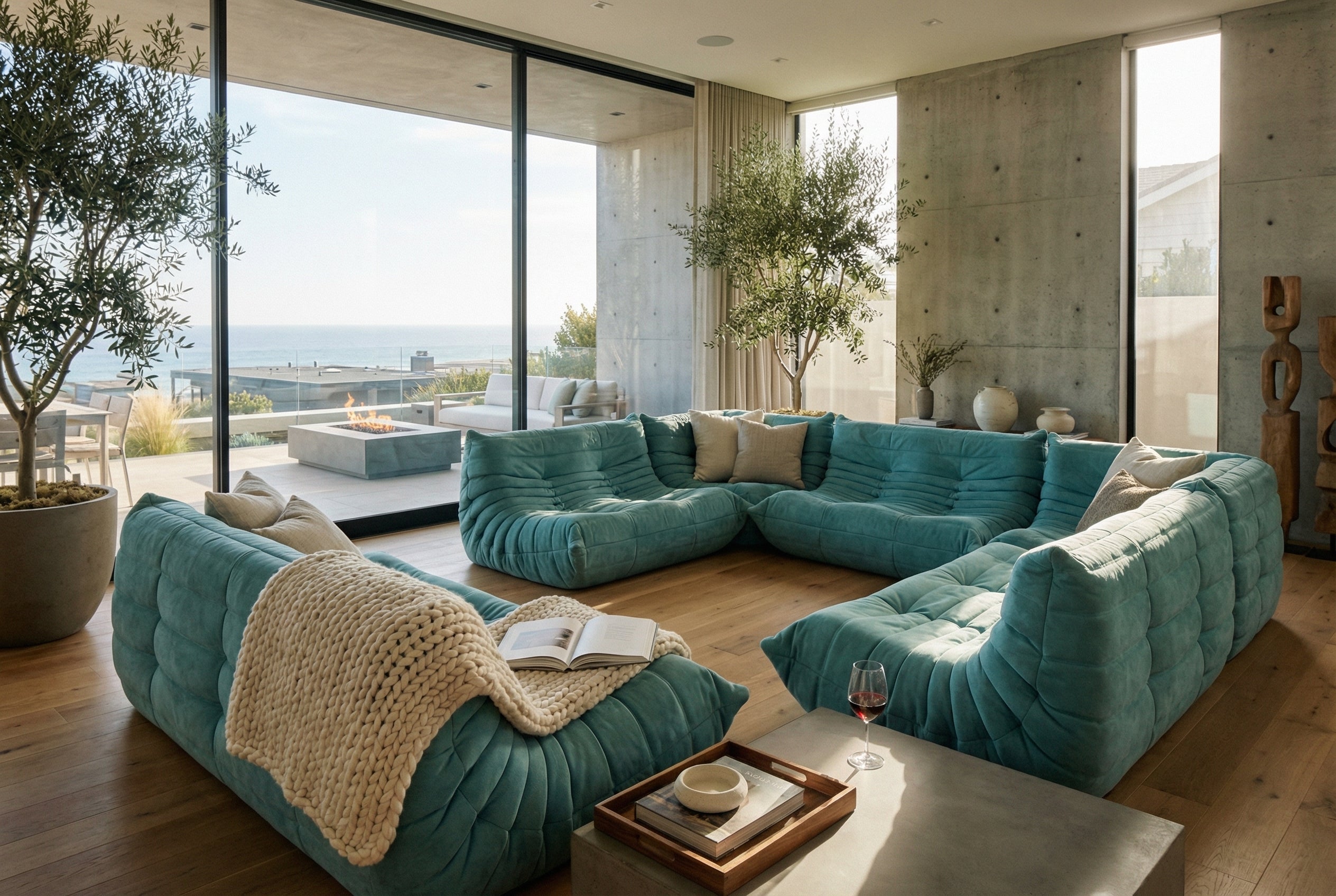 Modern living room with teal sectional sofa, large windows, and outdoor view.