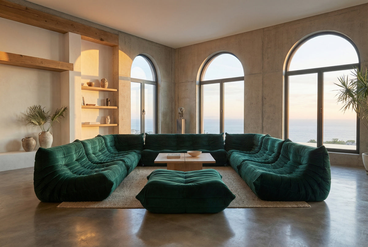 modern modular designer tufted sofa in emerald green velvet fabric