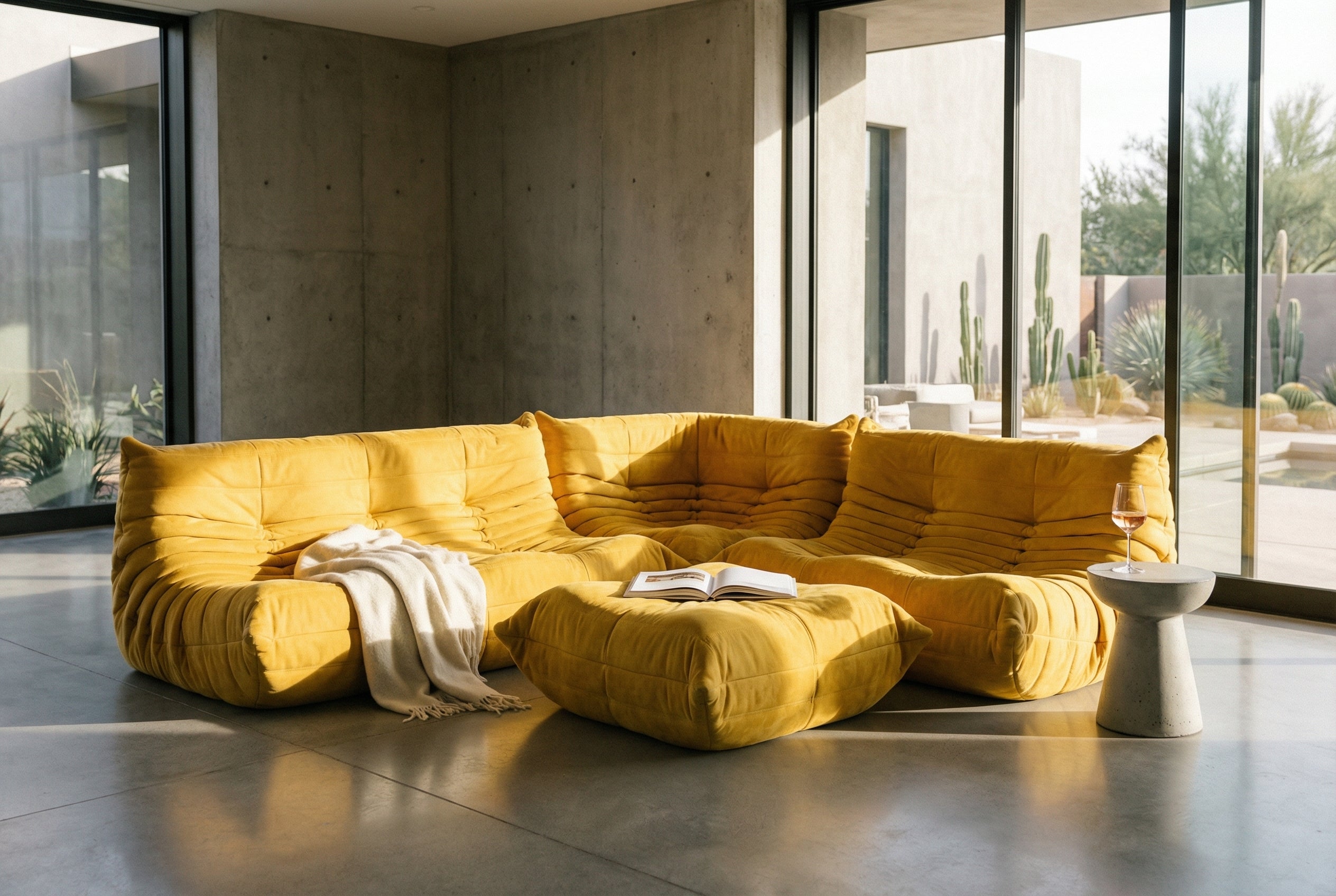 Yellow sofa in a modern room with large windows