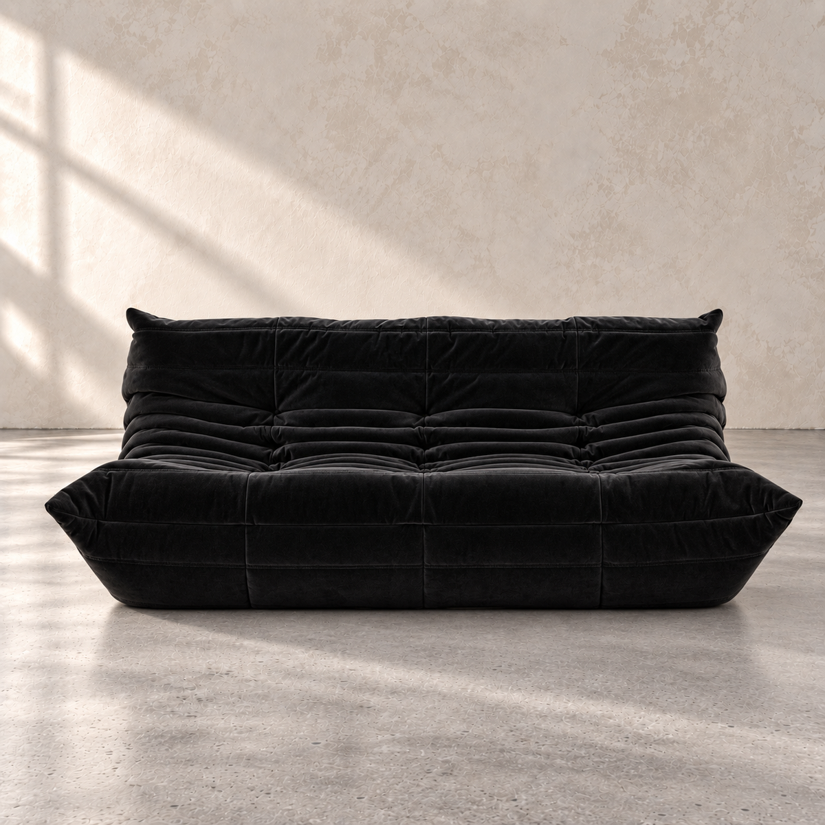FORMA three-seater sofa in velvet, modern channel-tufted modular sofa with a low architectural profile