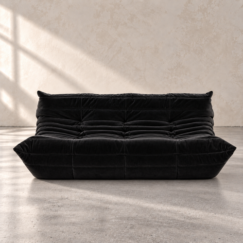 FORMA three-seater sofa in velvet, modern channel-tufted modular sofa with a low architectural profile