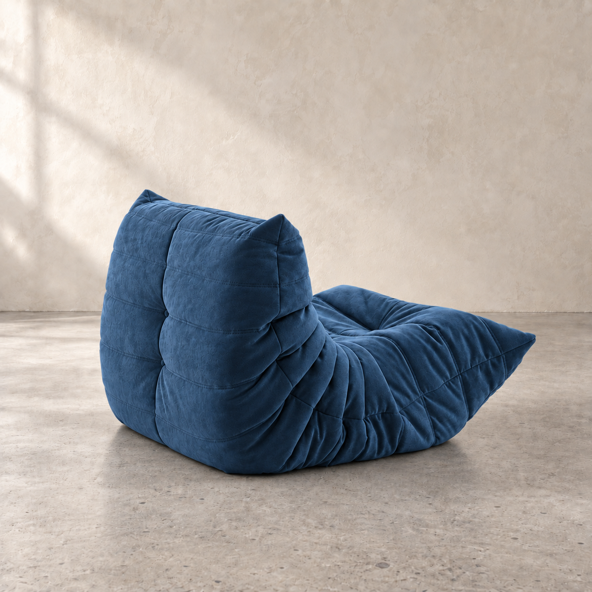 FORMA modular armless chair in velvet with sculpted tufted channels, designer lounge seating