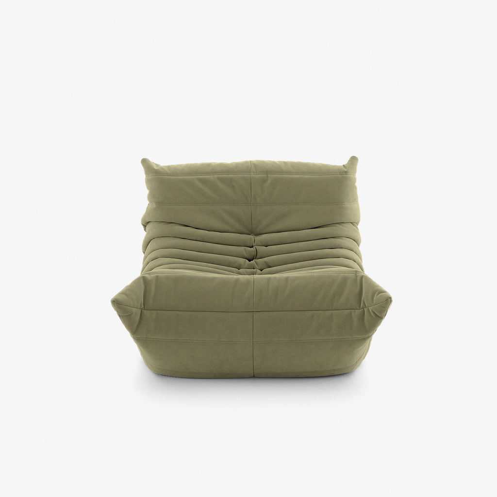 Modern armless lounge chair with deep channel tufting in VeloraSuede fabric.