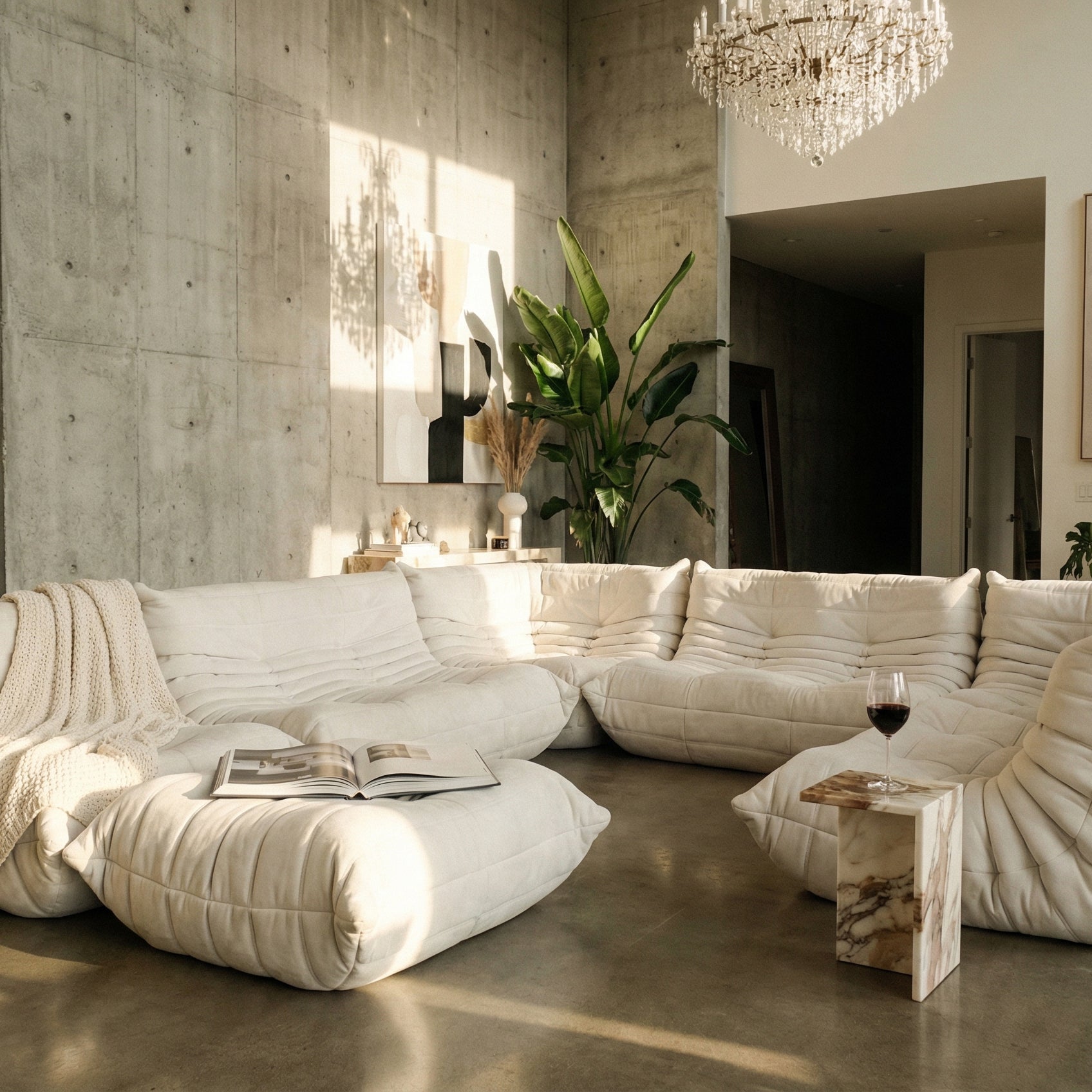 Modern living room with a white sectional sofa, decorative pillows, and a chandelier.