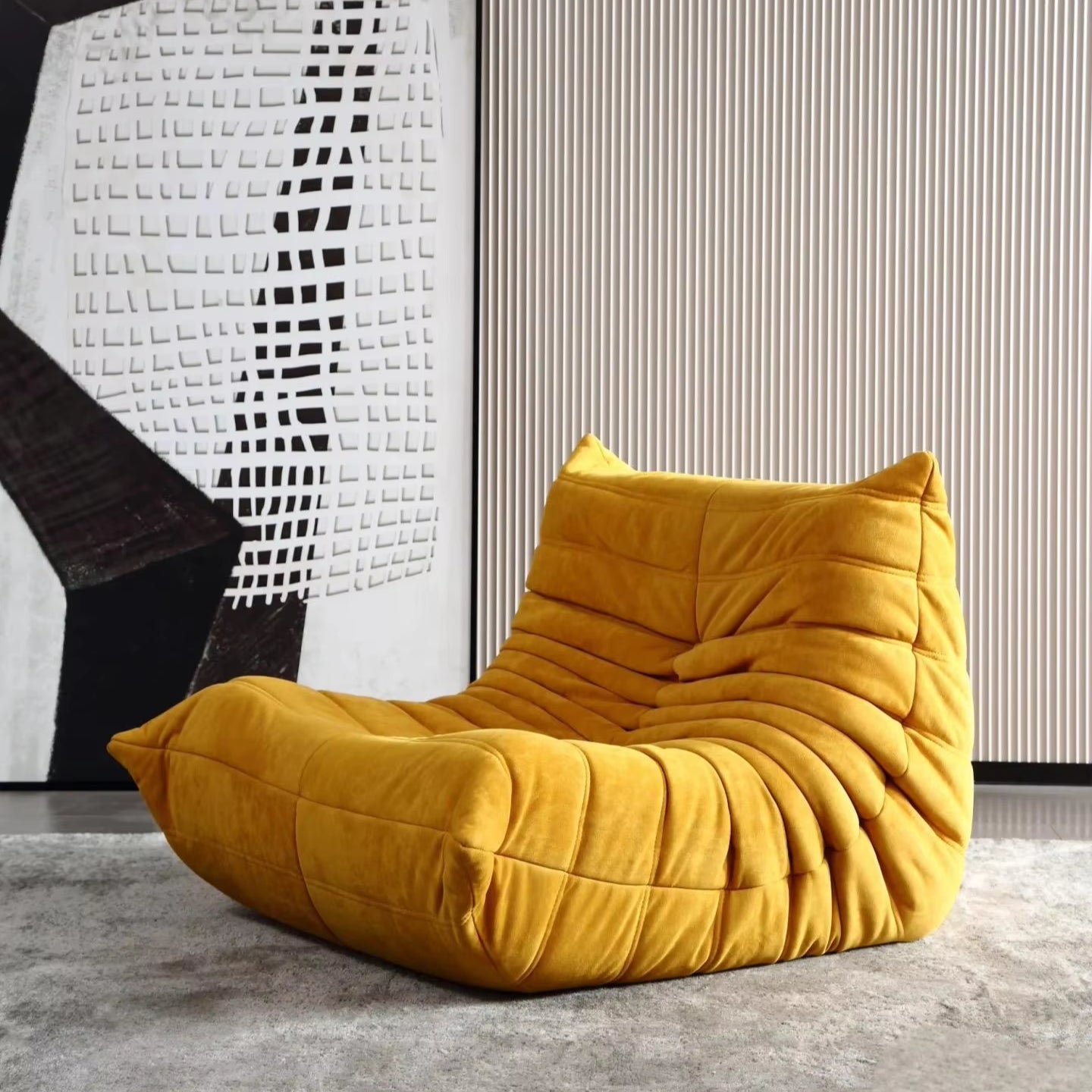 Yellow bean bag chair in a modern living room