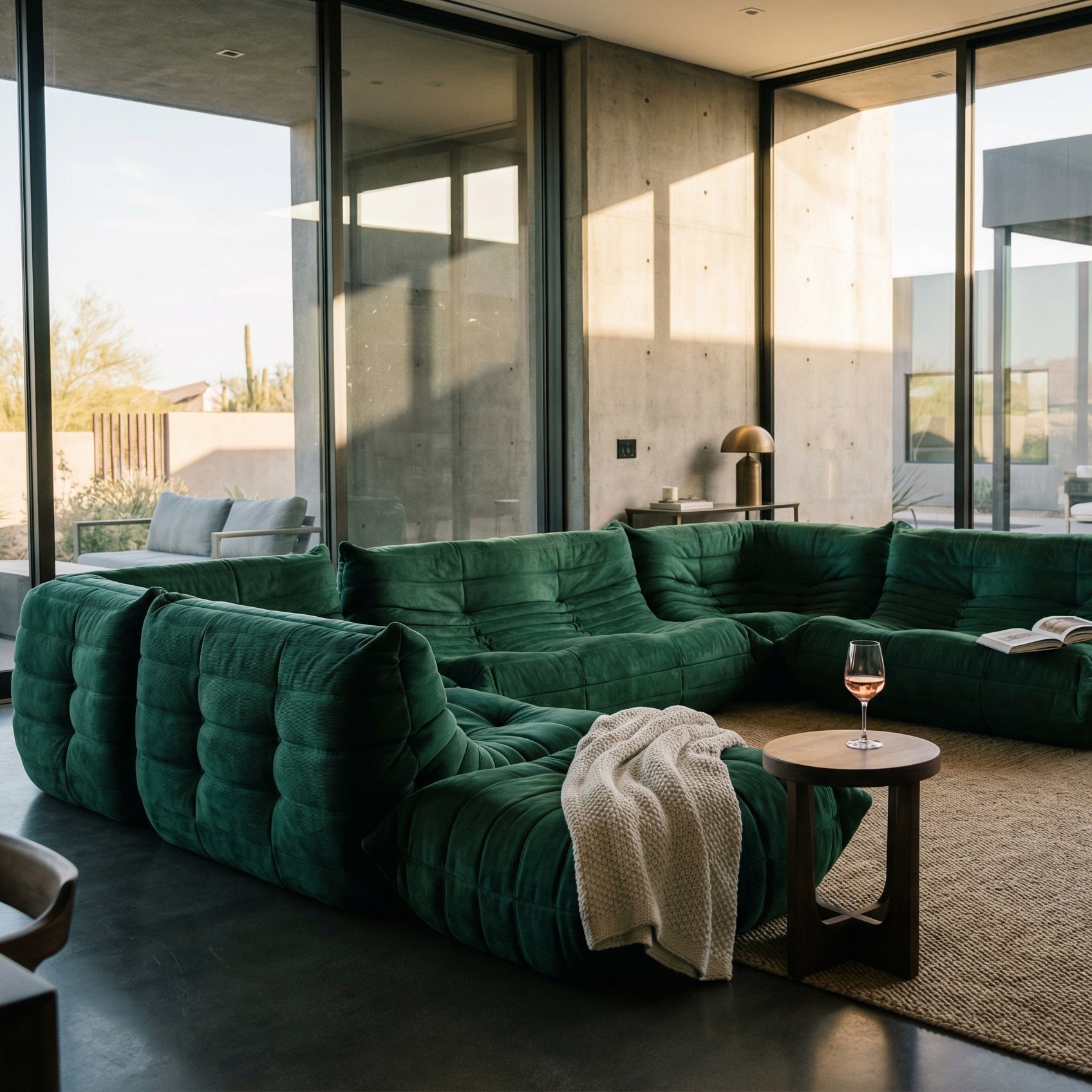 Modern living room with a large green sofa and a small round table with a glass of wine.