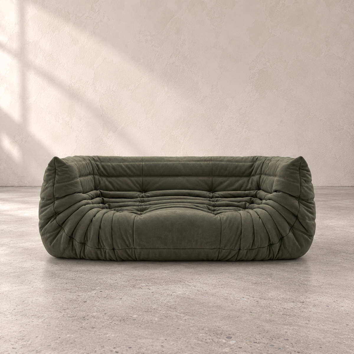 Front view of the olive green low-profile FORMA Lounge Sofa