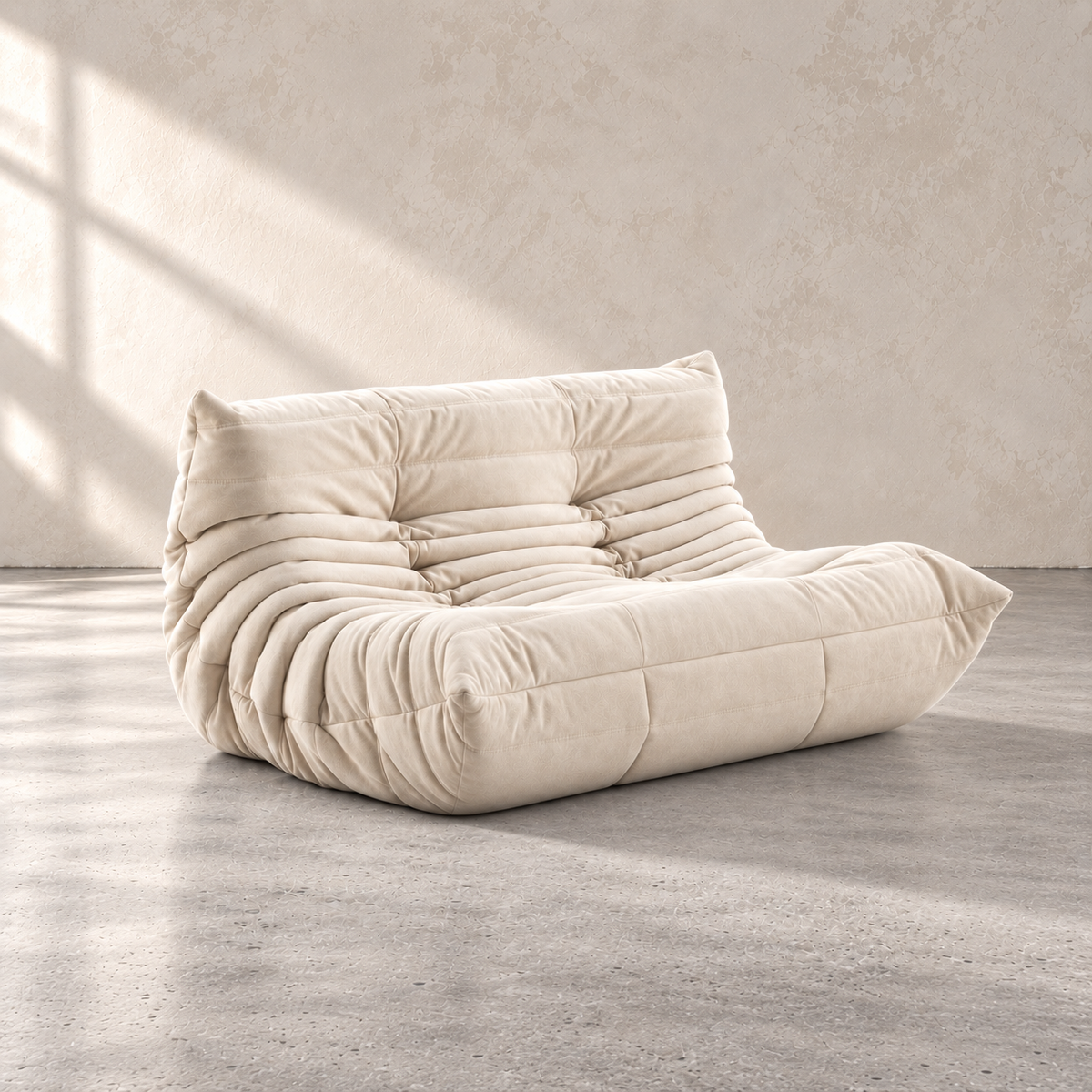 FORMA Armless Loveseat in velour, sculpted tufted loveseat with a modern low-profile silhouette