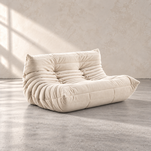 FORMA Armless Loveseat in velour, sculpted tufted loveseat with a modern low-profile silhouette